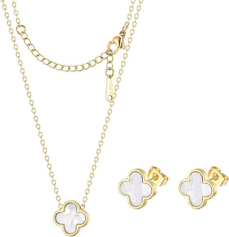 Clover Necklace and Stud Earrings Jewelry Set White Black Red Clover Pendant Necklace 18k Gold Plated Four Leaf Clover Necklace Earrings Set Gifts for Women in Kuwait