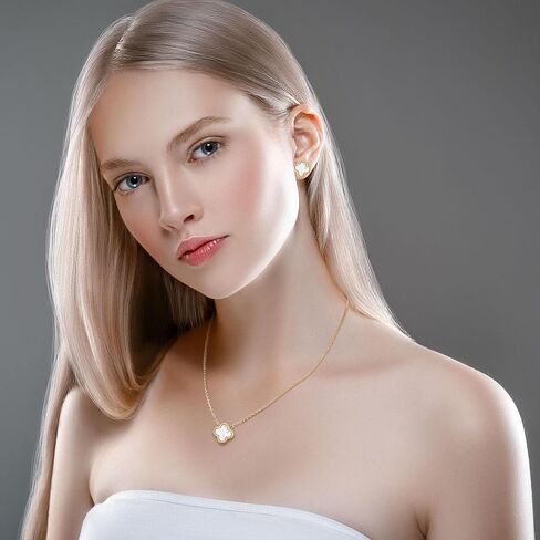 Clover Necklace and Stud Earrings Jewelry Set White Black Red Clover Pendant Necklace 18k Gold Plated Four Leaf Clover Necklace Earrings Set Gifts for Women in Kuwait