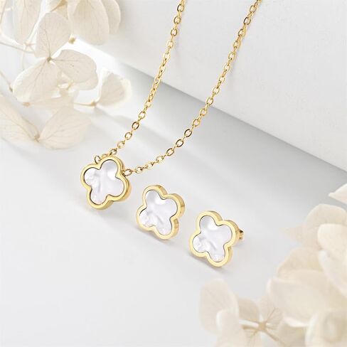 Clover Necklace and Stud Earrings Jewelry Set White Black Red Clover Pendant Necklace 18k Gold Plated Four Leaf Clover Necklace Earrings Set Gifts for Women in Kuwait