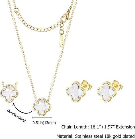 Clover Necklace and Stud Earrings Jewelry Set White Black Red Clover Pendant Necklace 18k Gold Plated Four Leaf Clover Necklace Earrings Set Gifts for Women in Kuwait