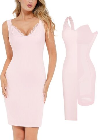 Popilush Cocktail Dresses for Women - Lace Layered Bra Summer Midi Modal Shapewear Dress Party Outfits in Kuwait