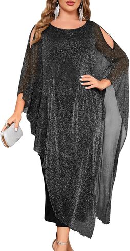 CYCLAMEN Plus Size Sparkly Formal Dress Maxi Long Cape Overlay Wedding Guest Cocktail Mother of Bride Outfit Evening Gown in Saudi Arabia