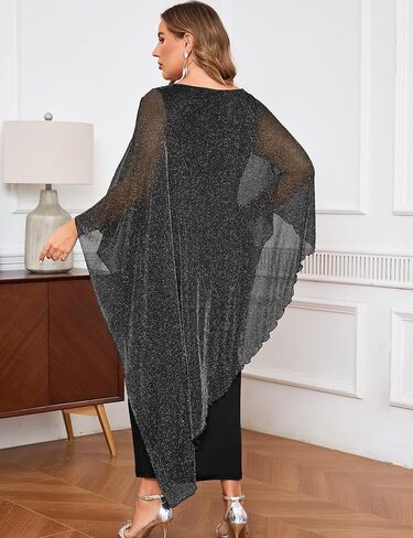 CYCLAMEN Plus Size Sparkly Formal Dress Maxi Long Cape Overlay Wedding Guest Cocktail Mother of Bride Outfit Evening Gown in Saudi Arabia