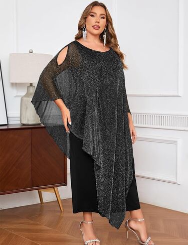 CYCLAMEN Plus Size Sparkly Formal Dress Maxi Long Cape Overlay Wedding Guest Cocktail Mother of Bride Outfit Evening Gown in Saudi Arabia