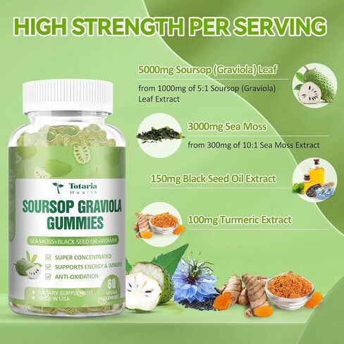 Soursop Graviola Gummies Soursop Oil Leaves Fruit with Sea Moss Black Seed Oil High Potency Extract - Immune Support, Antioxidation - Sour SOP Multivitamin Graviola Leaves Edible Supplements in Saudi Arabia