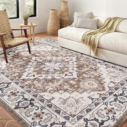 Lofus 5x7 Area Rugs for Living Room, Washable Area Rug, Rugs for Bedroom, Kitchen, Vintage Boho Carpet, Soft Non-Slip, Low Pile Large Area Rug for Office Dining Room, Floral Brown in Saudi Arabia