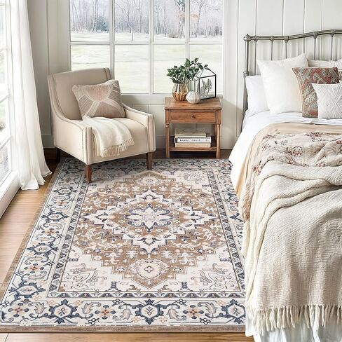 Lofus 5x7 Area Rugs for Living Room, Washable Area Rug, Rugs for Bedroom, Kitchen, Vintage Boho Carpet, Soft Non-Slip, Low Pile Large Area Rug for Office Dining Room, Floral Brown in Saudi Arabia