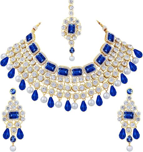 Aheli Kundan and Simulated Colored Stones Indian Ethnic Maang Tikka Necklace and Earrings Set Bollywood Festive Statement Jewelry Gift for Women in Kuwait