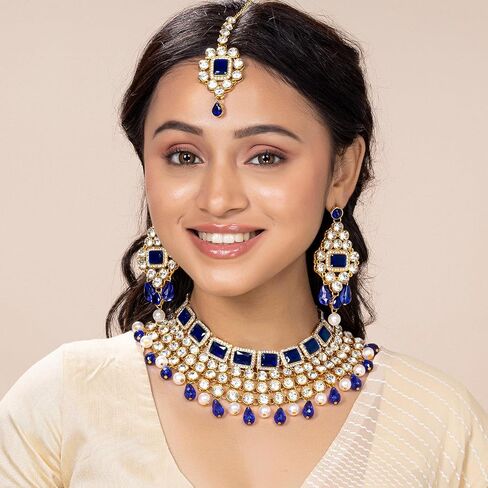 Aheli Kundan and Simulated Colored Stones Indian Ethnic Maang Tikka Necklace and Earrings Set Bollywood Festive Statement Jewelry Gift for Women in Kuwait