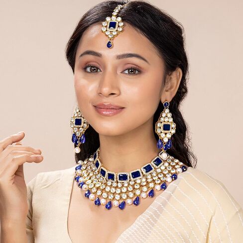 Aheli Kundan and Simulated Colored Stones Indian Ethnic Maang Tikka Necklace and Earrings Set Bollywood Festive Statement Jewelry Gift for Women in Kuwait