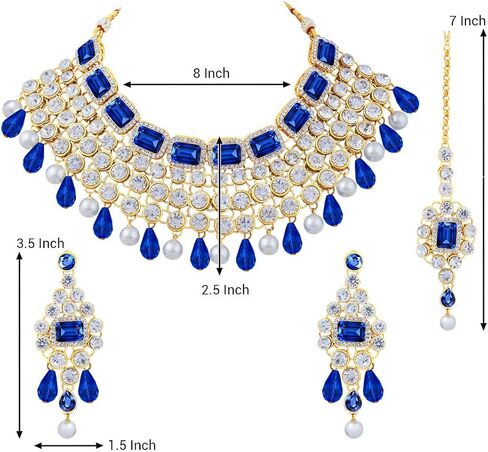 Aheli Kundan and Simulated Colored Stones Indian Ethnic Maang Tikka Necklace and Earrings Set Bollywood Festive Statement Jewelry Gift for Women in Kuwait