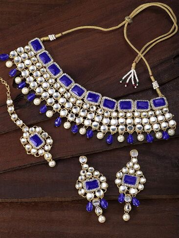 Aheli Kundan and Simulated Colored Stones Indian Ethnic Maang Tikka Necklace and Earrings Set Bollywood Festive Statement Jewelry Gift for Women in Kuwait