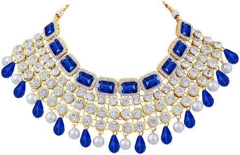 Aheli Kundan and Simulated Colored Stones Indian Ethnic Maang Tikka Necklace and Earrings Set Bollywood Festive Statement Jewelry Gift for Women in Kuwait
