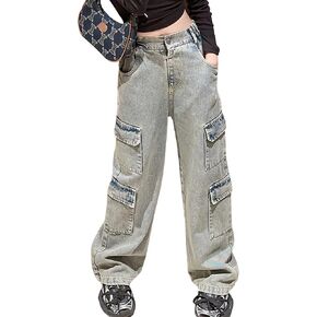 SEAUR Kids Girls Denim Jeans Elastic High Waist Blue Cargo Pants with Pockets Straight Wide Leg Trousers