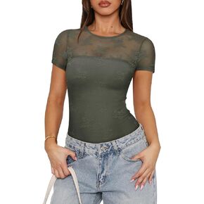 PINKMSTYLE Womens Crew Neck Lace Short Sleeve Bodysuit Double Lined Going Out Tops Sexy Thong Body Suit Shirts