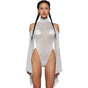 Dolls Kill Transcendent Spectre Sequin Bodysuit by Club Exx – Sheer Micro-Pleated Bodysuit with Rhinestones & Bell Sleeves