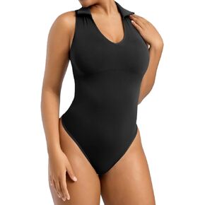 SHAPELLX Polo Sleeveless Bodysuit for Woman Tummy Control Open V-neckline Seamless Casual Work Tops Shapewear Going Out Tops
