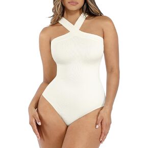 Lover-Beauty Thong Shapewear Bodysuit for Women Tummy Control Body Shaper Seamless Criss Cross Halter Tank Top Slim Sculpt
