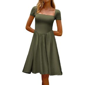 CHYRII Women Fashion Summer 2025 Square Neck Short Sleeve A-Line Wedding Guest Cocktail Midi Dress Long Sundress