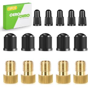 Brass Presta Valve Adapter (Pack of 5 + 10 Caps) - Converts Presta to Schrader for Bicycle, e-Bike, e-Scooter Tires - Use with Standard Pump or Compressor – Bike Valve Adapter Kit