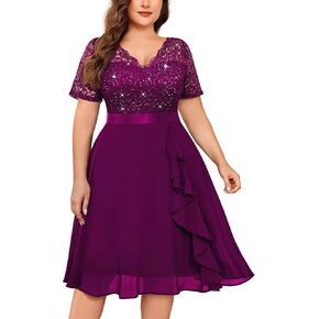Missmay Women’s Plus Size Seale Switch Lace Contraving Chiffon v Neck Flowy Cocktail Party Prom Midi Dress