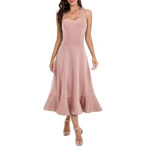 DRESSTELLS Women's Halter Cocktail Dresses 2025 Wedding Guest Formal Prom Bridesmaid Tea Length Split Ruffle Summer Dress in Kuwait