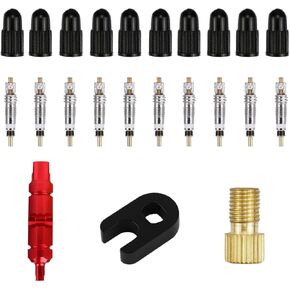 23PCS Presta Valve Core Repair Kit- Tubeless Valve Core Adapter Bike Bicycle Replacement Kit with Plastic & Alloy Valve Core Remover Dismantle Removal Tools, 10 Valve Core&10 Stem Caps (Red)