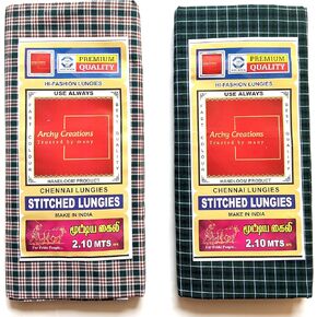 Premium Handloom Lungi, Cotton Stitched, 2.10 Meters, Green Plaid Pattern, Pack of 2