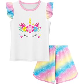 LQSZ Girls Pajamas Flutter Sleeve Toddler Girl Summer Pajamas 2 Piece Pjs Set Sleepwear for Girls 3-10 Years
