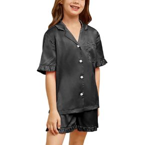 QPANCY Silk Pajamas for Girls Button Down 2 Piece Pj Sets Kids Satin Pajamas Ruffle Short Sleeve Sleepwear Loungewear