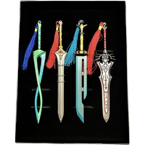 Set of 4 in 1 Sword Game Weapon Box Metal 8.7'' Fierce Deity Duality Royal Guard Claymore Razor Sword Cosplay Props Game Weapon Collectition Desktop Display Decoration