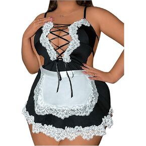 WDIRARA Women's Plus Size 2 Piece Contrast Lace Cosplay Lingerie Set Maid Costume Set Dress and Belt