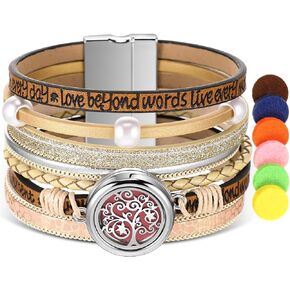 Tondiamo Inspirational Tree of Hope Essential Oil Leather Bracelets for Women, Aromatherapy Locket Anxiety Bracelet Diffuser with Refill Pads Gift Set for Mother's Day Graduation Teacher