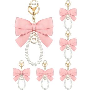 Sureio Pink Bow Keychain Coquette Pearl Bowknot Keyring Bulk Wristlet Keychain Vintage Ribbon Purse Charm for Women Handbags