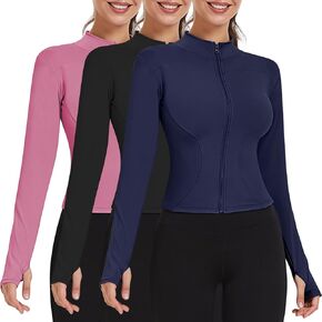 3 Pack Women's Workout Jacket Slim Fit Cropped Jacket Zip up Athletic Tops with Thumb Hole Running Gym Yoga