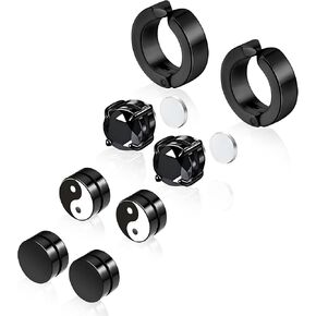 Magnetic Earrings for Men and Women, 4 Pairs Clip on Earrings Stainless Steel Stud Earrings Hypoallergenic Cubic Zirconia Studs Small Non-piercing Silver Ear Cuff Black Fake Earring Set 6-8MM