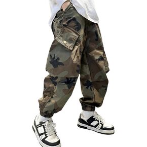 GORGLITTER Boy's Cargo Pants Joggers Baggy Camo Elastic Waist Wide Led Casual Hunting Pants with Pockets