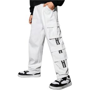 SweatyRocks Boy's Letter Print Flap Pocket Side Casual Cargo Pants Joggers