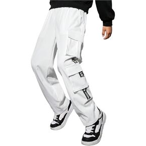 OYOANGLE Boy's Letter Graphic Print Cargo Pants Elastic Waist Straight Leg Outdoor Trousers
