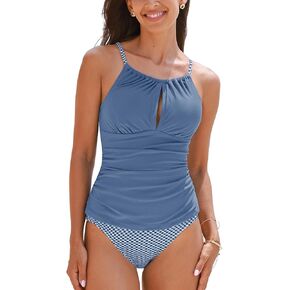 CUPSHE Women's Tankini Sets Two Piece Swimsuit High Neck High Waist Front Keyhole Bathing Suit Hollow O Ring