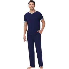 WiWi Mens Pajamas Set Viscose from Bamboo Short Sleeve Sleepwear Knit Nightwear 2 Pieces Loungewear Sets S-XXL