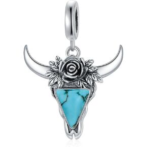Turquoise Cow Skull Bead for Bracelet 925 Sterling Silver Cow Head Skull Dangle Charm Jewelry Gifts for Women