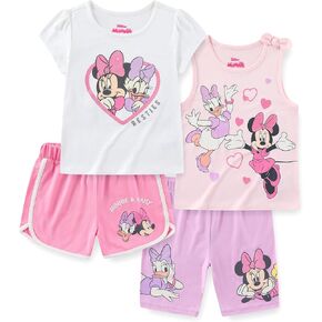 Disney Minnie Mouse and Daisy Duck Girls Mix, Match Short Sleeve T-Shirt, Tank Top, Shorts 4 Piece Set for Toddler Big Kids