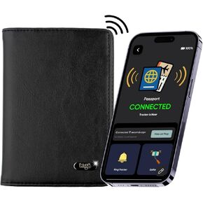 tag8 DOLPHIN Smart Passport Holder, Android and iOS Compatible, Genuine Leather Passport Cover with BLE Tracker and RFID Blocking Technology, Passport Wallet and Case for Cards and Cash, Black