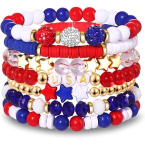FAERLIIRY 4th of July Bracelets Red White Blue Bracelets American Flag USA Clay Beaded Bracelet Heishi Stretch Stackable Bracelets Patriotic Friendship Bracelet Surfer Preppy Summer Beach Jewelry