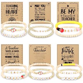 6 Set Teacher Appreciation Bracelets Gift Set for Women Wooden Beaded Elastic Bracelets with Cards Teacher Appreciation Gifts for Graduation Season Birthday Retirement Present