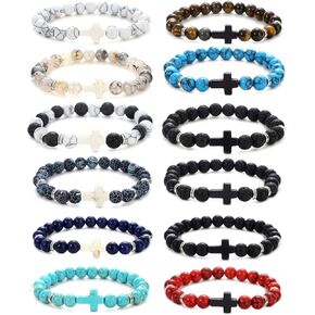 12Pcs Fashion Religion Cross Men Women 8mm Natural Stone Lava Tiger Eye Stretch Anxiety Bracelets Unisex 7.5"