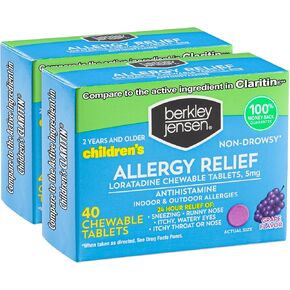 Berkley Jensen Allergy Relief Children's Chewables Loratadine, Non Drowsy 24 Hour Kids Allergy Medicine, 80 Grape Antihistamine Chewable Tablets, for Children 2 Years and Older, 40 Count (Pack of 2)