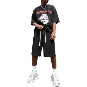 SHENHE Men's Drawstring Sweat Shorts Elastic Waist Straight Leg Raw Hem Loose Workout Shorts with Pockets