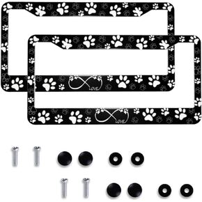 Paw Print License Plate Frame - 2 Pack Star Black White Dog Paw Design License Plate Covers Aluminum Metal Cute Auto Car Tag Holder with 2 Holes Equipped with Screws for Women Men